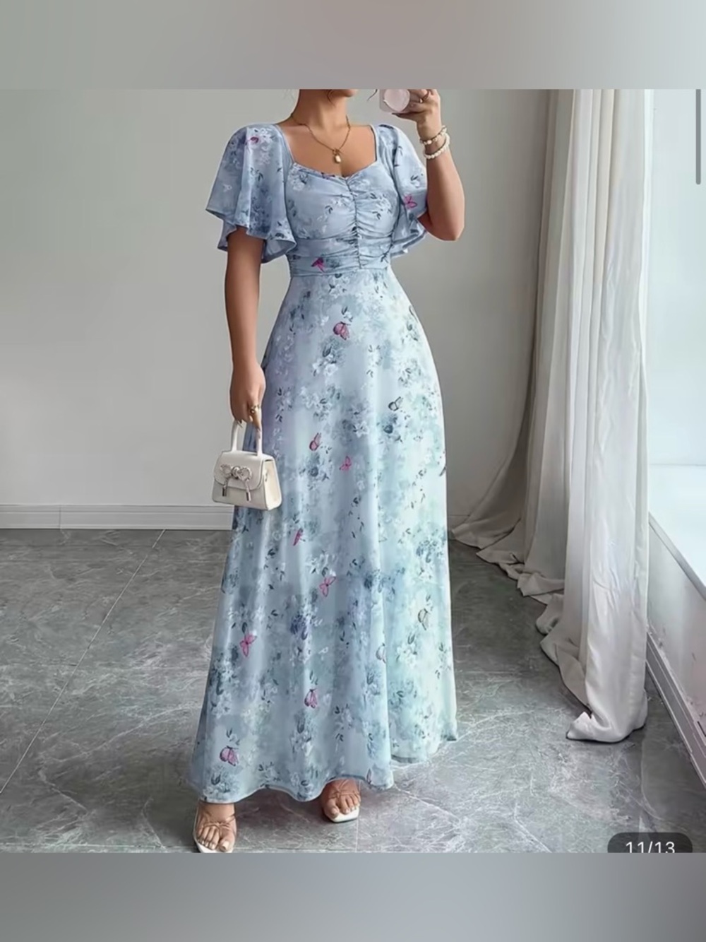 Light Blue Floral Maxi Dress with Puff Sleeves